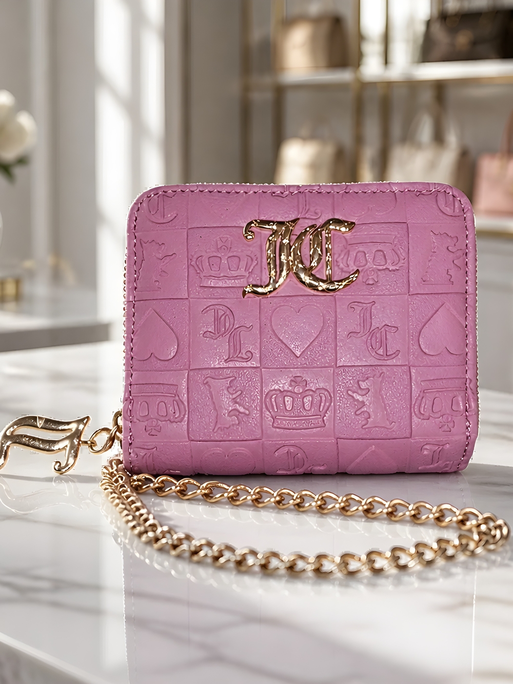 Juicy Couture Pink Quilted Embossed Wallet with Gold Chain